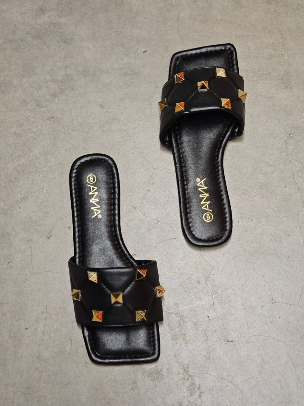 Black Quilted Slides With Gold Studded Detail For Women - Square Toe Slip-On San